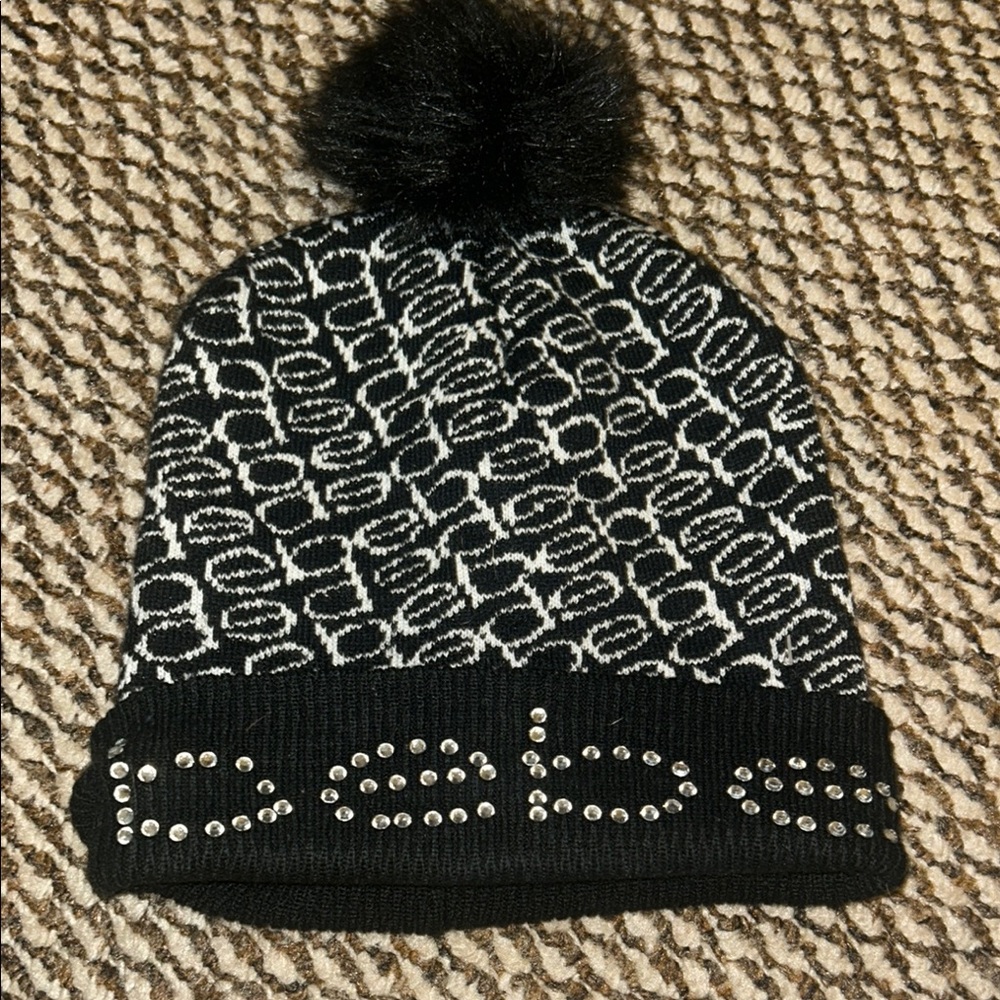 Bebe Black and White Beanie with Rhinestone Detail